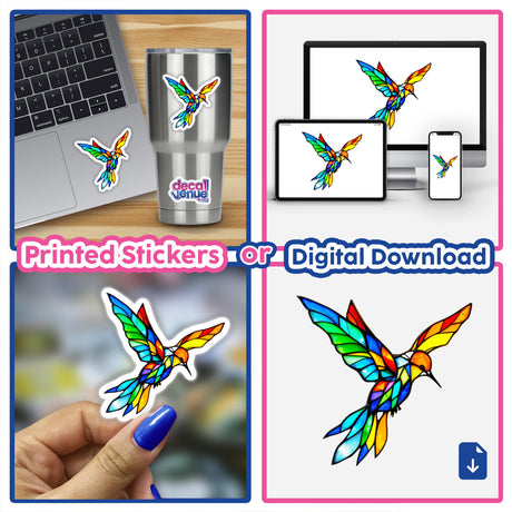 Hummingbird Stained Glass Style sticker displayed on a laptop, showcasing intricate design and vibrant features, highlighting its availability as both a sticker and digital artwork from Decal Venue.