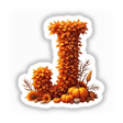 Thanksgiving Letter J Clipart featuring pumpkins and fall leaves, available as stickers or digital artwork for commercial use.