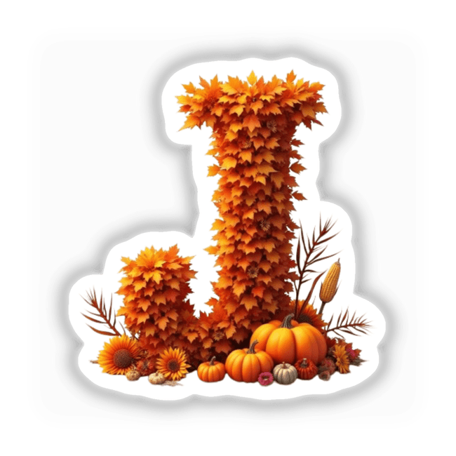 Thanksgiving Letter J Clipart featuring pumpkins and fall leaves, available as stickers or digital artwork for commercial use.