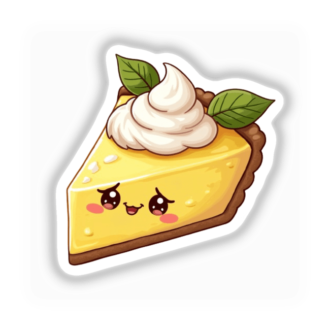 Kawaii Lemon Pie Slice Sticker featuring a cartoon slice of pie adorned with a whimsical cream topping and a green leaf, reflecting Decal Venue's unique dessert-themed sticker collection.