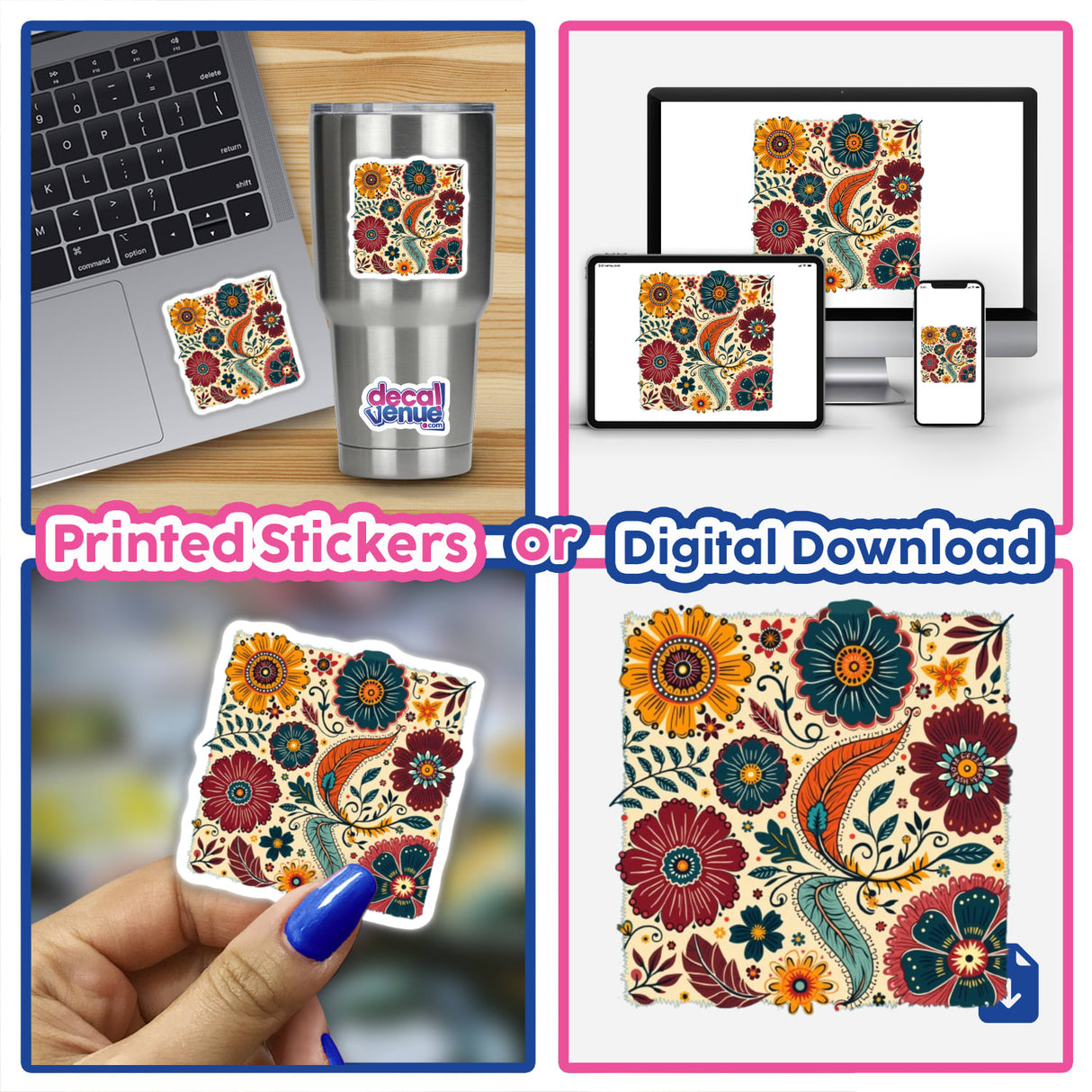 Collage showcasing Boho Floral Clipart with Fall Color Palette as stickers and digital artwork, featuring intricate floral designs on laptops and close-up views of individual stickers.
