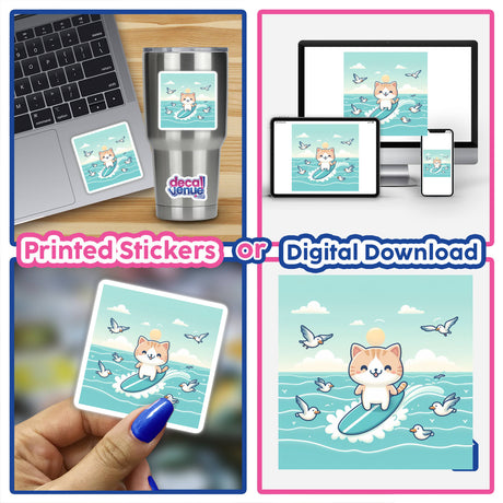 Adorable surfing cat digital artwork or printed stickers from Decal Venue featuring a cute feline riding a wave amidst seagulls against a serene ocean backdrop.