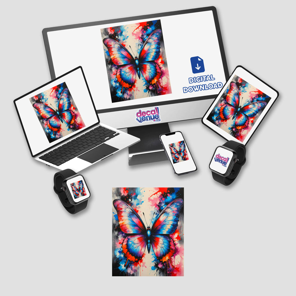 A Pretty Colorful Butterfly displayed across various devices, including a laptop and monitor, emphasizing its availability as vibrant stickers or digital artwork from Decal Venue.