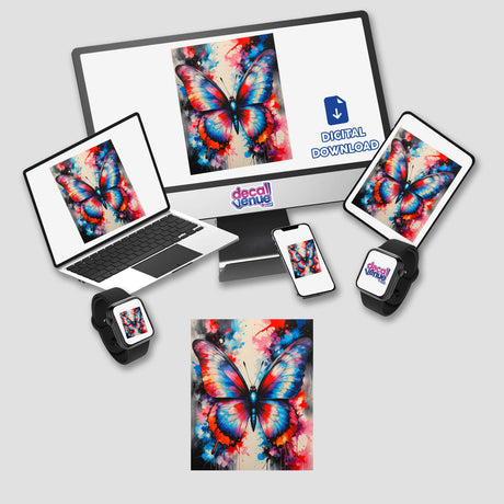 A Pretty Colorful Butterfly displayed across various devices, including a laptop and monitor, emphasizing its availability as vibrant stickers or digital artwork from Decal Venue.
