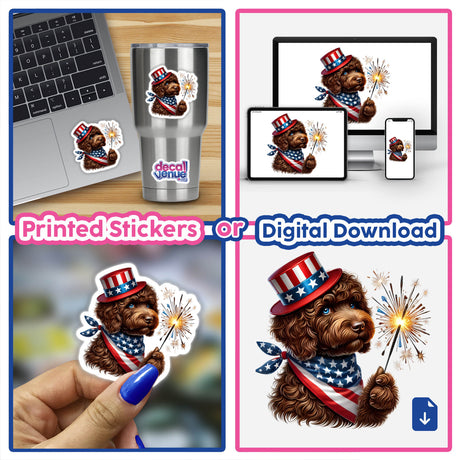 Patriotic brown goldendoodle dog with American-themed hat and sparkling fireworks in digital artwork or printed stickers