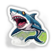 Mestre Tuba cartoon shark with open mouth, available as stickers or digital artwork.