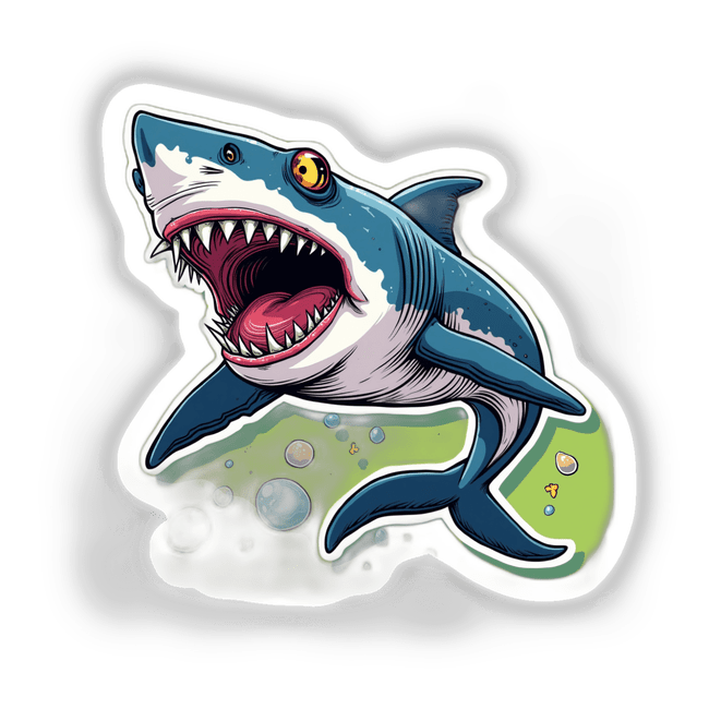 Mestre Tuba cartoon shark with open mouth, available as stickers or digital artwork.