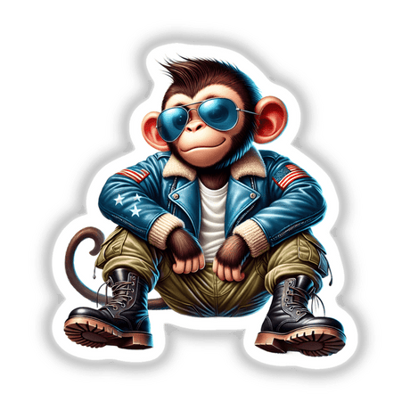 Cartoon of a monkey in a blue jacket and aviator sunglasses, titled Patriotic Leather Monkey Aviator Sunglasses. Available as stickers or digital artwork.