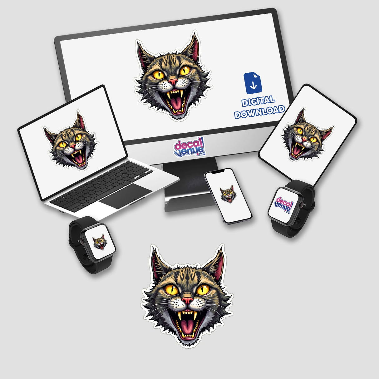 Gato Tigrado sticker and digital artwork featuring a cat face displayed on a computer monitor, laptop, and other devices.