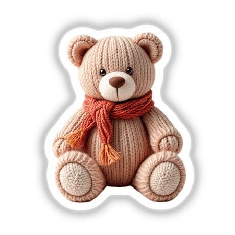 Knitted Yarn Teddy Bear with a cozy scarf, showcasing its plush texture and charming design. Available as unique stickers or digital artwork from Decal Venue.
