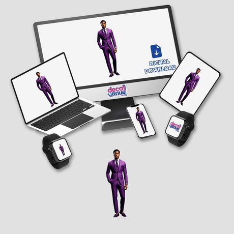 Handsome Male Model in a purple suit sketch, ideal for unique vinyl stickers or digital art, embodying modern aesthetics with detailed features for creative projects.