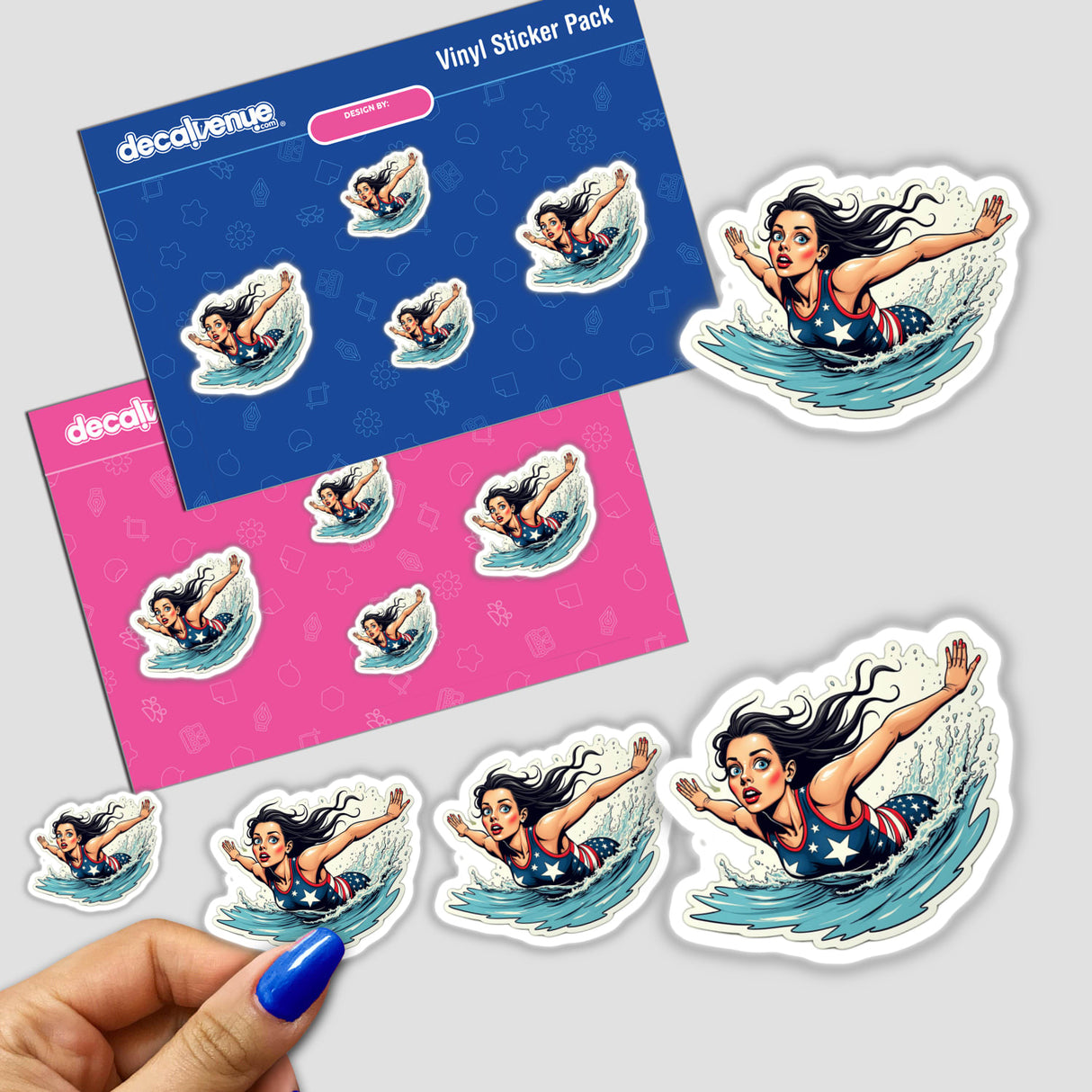 Hand holding a Eu Pegando Uma Onda sticker featuring a cartoon woman swimming in water. Available as stickers or digital artwork.