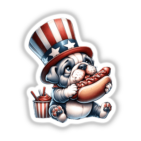 Bulldog Wearing Uncle Sam Hat Eating a Hot Dog