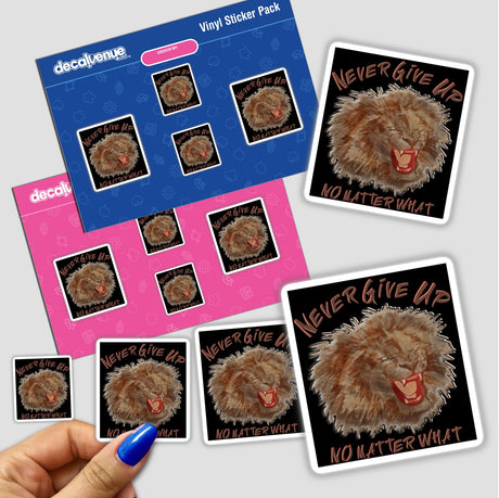 Hand holds Never Give Up lion face stickers, showcasing unique vinyl decals from Decal Venue, ideal for motivation and decoration.