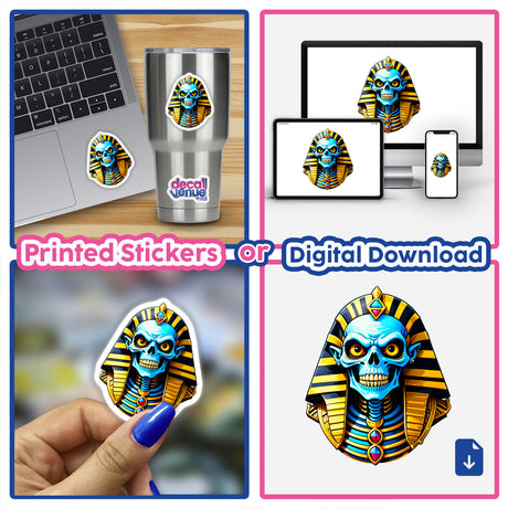 Collage featuring the A Cool Egyptian Pharaoh Skull in cartoon form, depicting a skeleton in gold and blue Egyptian attire, available as stickers or digital artwork at Decal Venue.