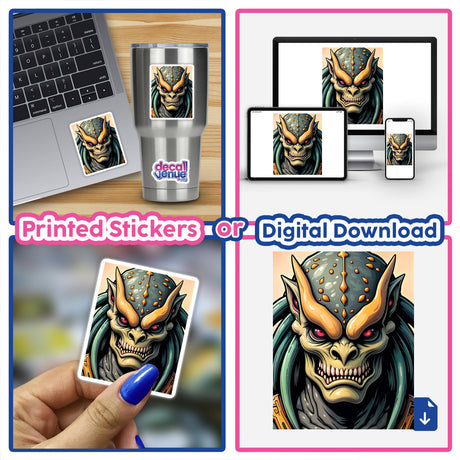 Collage featuring A Cool Alien Predator Soldier sticker on a laptop, showcasing its unique monster cartoon design, available as a vinyl decal or digital artwork from Decal Venue.