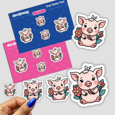 Cute cartoon piglet stickers in various poses, surrounded by flowers, on a pink and blue vinyl sticker pack. The stickers are designed by the brand jographics and available for purchase on the Decal Venue online store, which specializes in unique stickers and digital artwork.