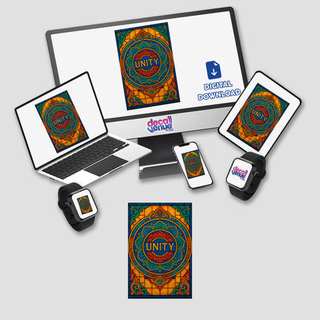 Unity Tibetan Thangka Stained Glass Sticker or Clipart with Commercial Rights depicts intricate spiritual motifs, available as stickers or digital artwork, reflecting Decal Venue's unique motivational and spiritual art offerings.