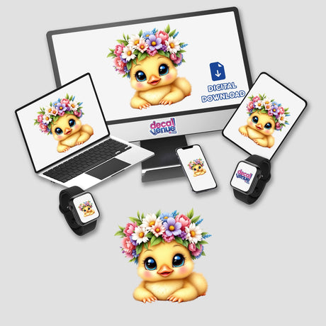 Cute Duckling with a Spring Flower Crown displayed on a computer monitor, laptop, and mouse pad, showcasing vibrant cartoon artwork perfect for stickers or digital decor.
