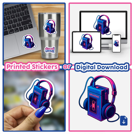 Walkman Cassette Player Clipart PNG & Sticker – 1980s Music Printable shown as a vibrant sticker on a laptop and held by a person, capturing retro style for music enthusiasts and collectors.