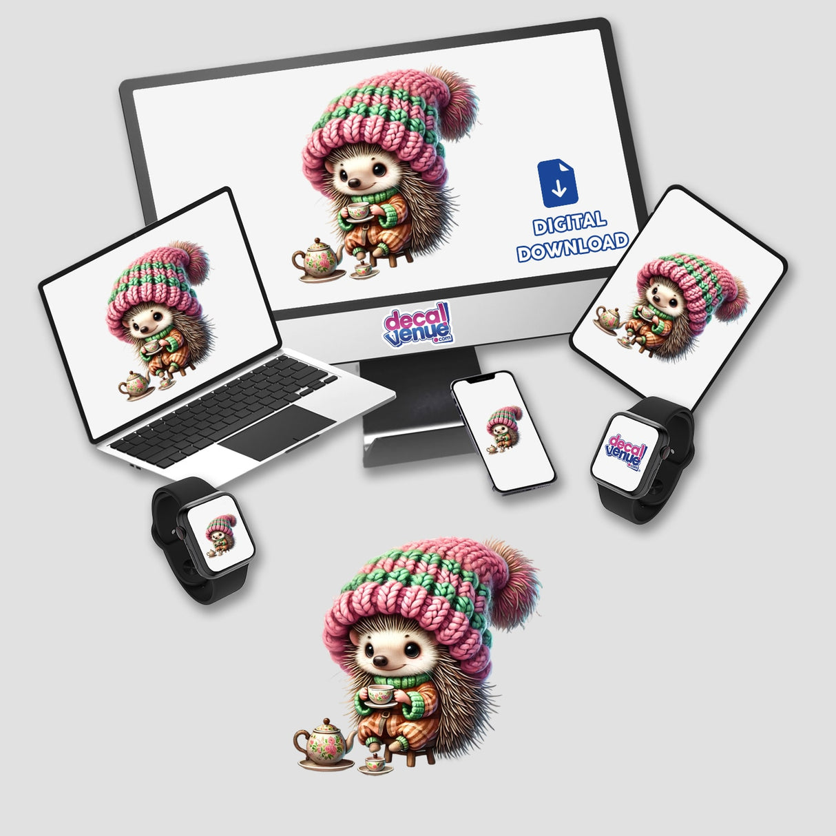 Hedgehog Gnome Drinking Tea sticker or digital artwork featuring a cartoon hedgehog in a knitted hat, holding a teacup, displayed on a computer monitor and laptop.