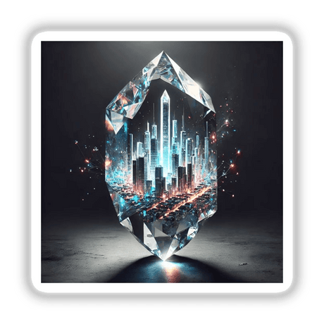 City of Glass Urban Skyline Inside a Crystal: Digital artwork depicting a city with a large tower encased within a glass-like crystal, available as stickers or digital artwork from Decal Venue.