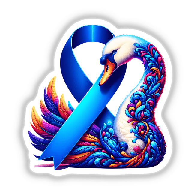 Swan Colon Cancer Awareness Blue Ribbon featuring a swan motif, available as stickers or digital artwork, blending artistic graphics and design elements, ideal for supporting awareness initiatives.