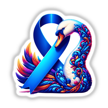 Swan Colon Cancer Awareness Blue Ribbon featuring a swan motif, available as stickers or digital artwork, blending artistic graphics and design elements, ideal for supporting awareness initiatives.
