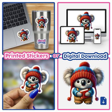 Koala Gnome Holding Book sticker or digital artwork collage featuring various cartoon koalas, including one wearing a knitted hat, set against different backdrops.