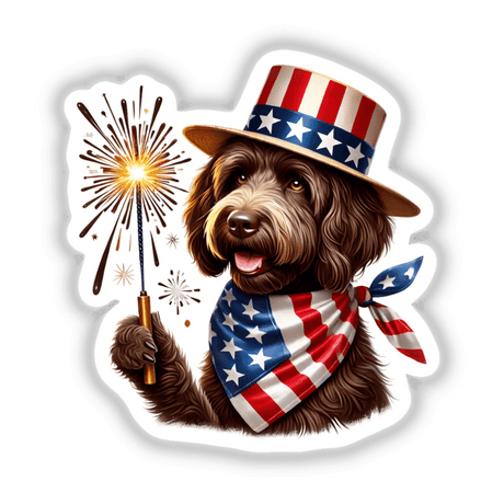 Adorable Chocolate Goldendoodle dog wearing patriotic hat and scarf, holding a sparkling firework display in the Decal Venue digital artwork.