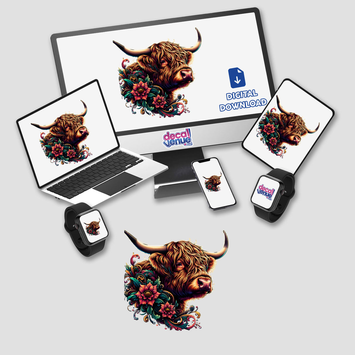 Floral Highland Cow Portrait PA22