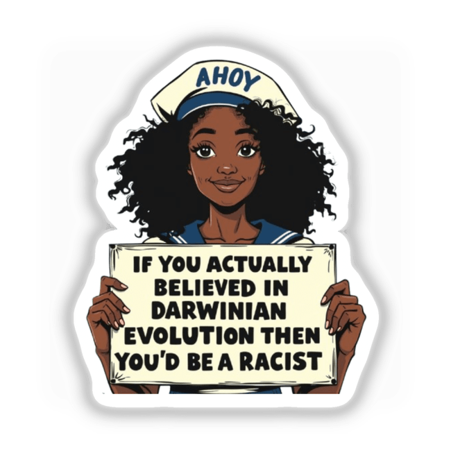 Evolution Debate Sticker or Clipart with Commercial Rights - Satirical Sailor Design, featuring a whimsical sailor illustration, available as both stickers and digital artwork from Decal Venue.
