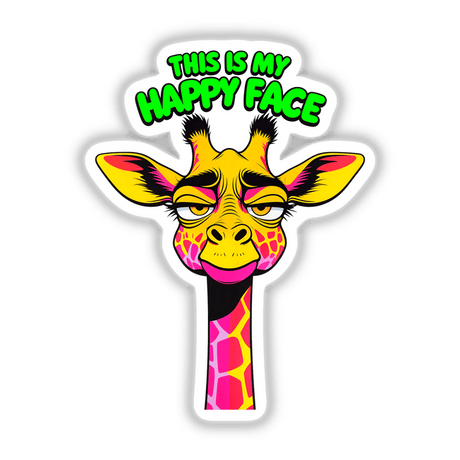 This Is My Happy Face Cute Grumpy Giraffe: A charming cartoon giraffe illustration with a cheerful expression, perfect for vinyl stickers or digital artwork from Decal Venue.