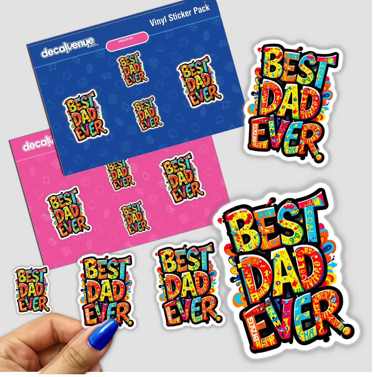 Sticker featuring the text Best Dad Ever surrounded by diverse graphic designs, highlighting its availability as both a physical sticker and digital artwork from Decal Venue.