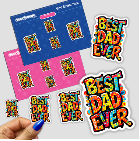 Sticker featuring the text Best Dad Ever surrounded by diverse graphic designs, highlighting its availability as both a physical sticker and digital artwork from Decal Venue.