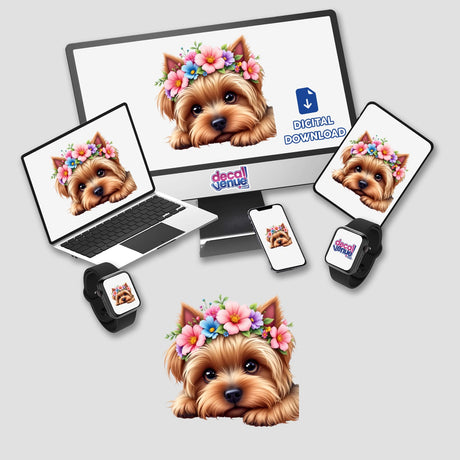 Cute Yorkshire Terrier Dog with a Spring Flower artwork displayed on various devices, available as stickers or digital downloads. Ideal for animal lovers seeking unique vinyl stickers or digital art.