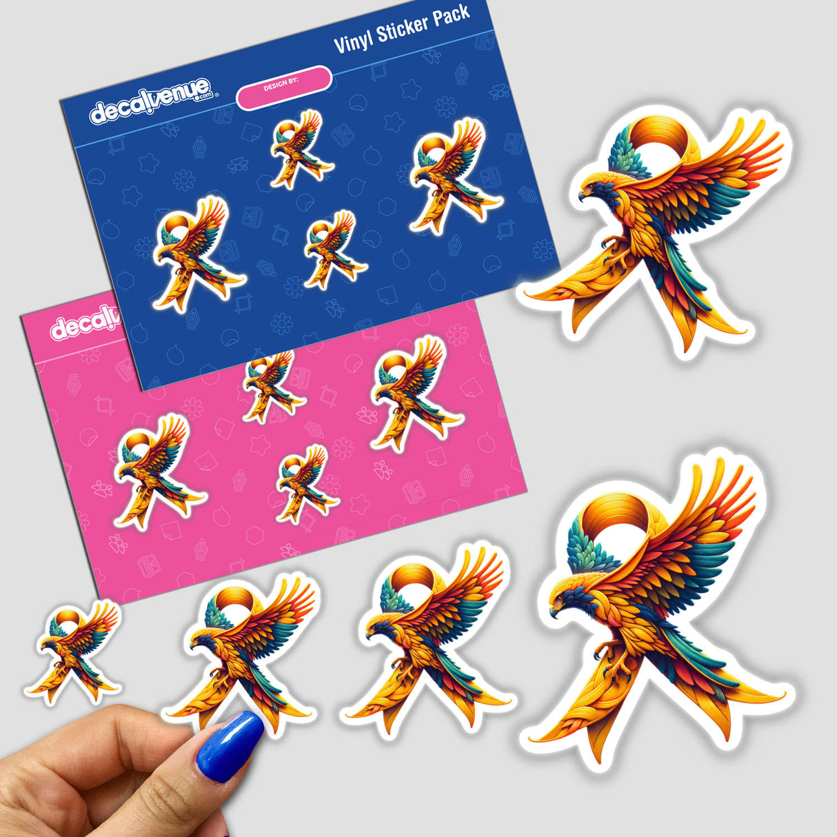 Hawk Gold Ribbon Childhood Cancer Awareness stickers featuring vibrant birds with ribbons, available as both stickers and digital artwork.