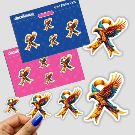 Hawk Gold Ribbon Childhood Cancer Awareness stickers featuring vibrant birds with ribbons, available as both stickers and digital artwork.