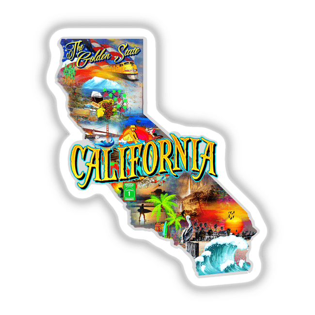 Sticker featuring California, showcasing a surfer silhouette, palm trees, and vibrant coastal elements, embodying the state's iconic beach lifestyle. Available as vinyl decals or digital artwork.