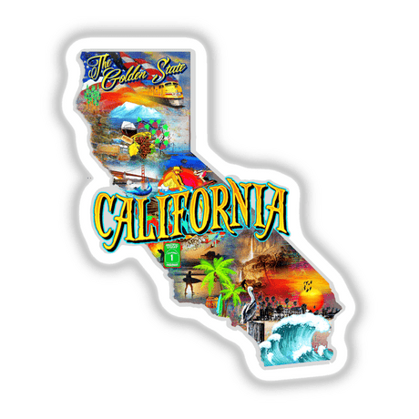Sticker featuring California, showcasing a surfer silhouette, palm trees, and vibrant coastal elements, embodying the state's iconic beach lifestyle. Available as vinyl decals or digital artwork.