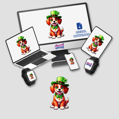 St. Patrick's Day Puppy stickers or digital artwork featuring cartoon dogs on various devices, including a laptop and monitor, perfect for fans of unique vinyl stickers and digital art.