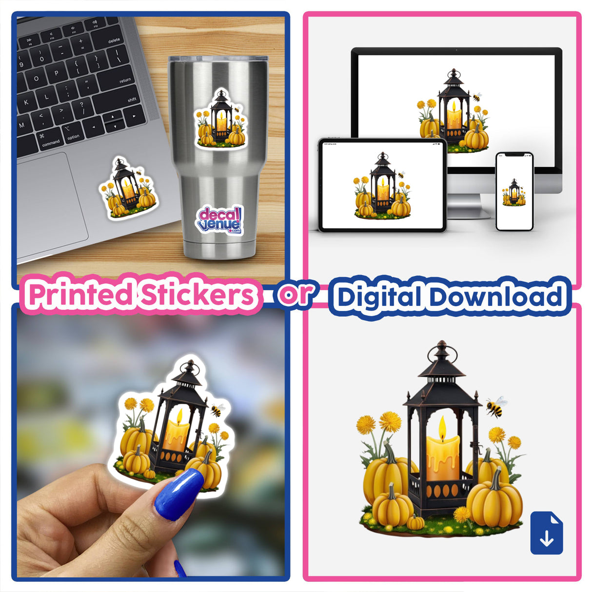 Autumn Lantern Candle Clipart featuring yellow pumpkins and flowers; available as stickers or commercial rights download.