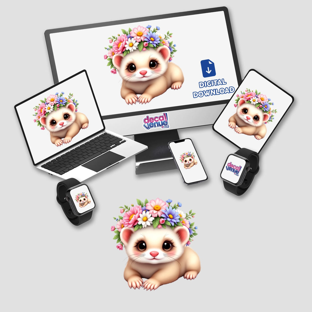 Cute Ferret with a Whimsical Flower Crown displayed on a computer monitor and laptop, showcasing a charming cartoon ferret design available as both stickers and digital artwork from Decal Venue.