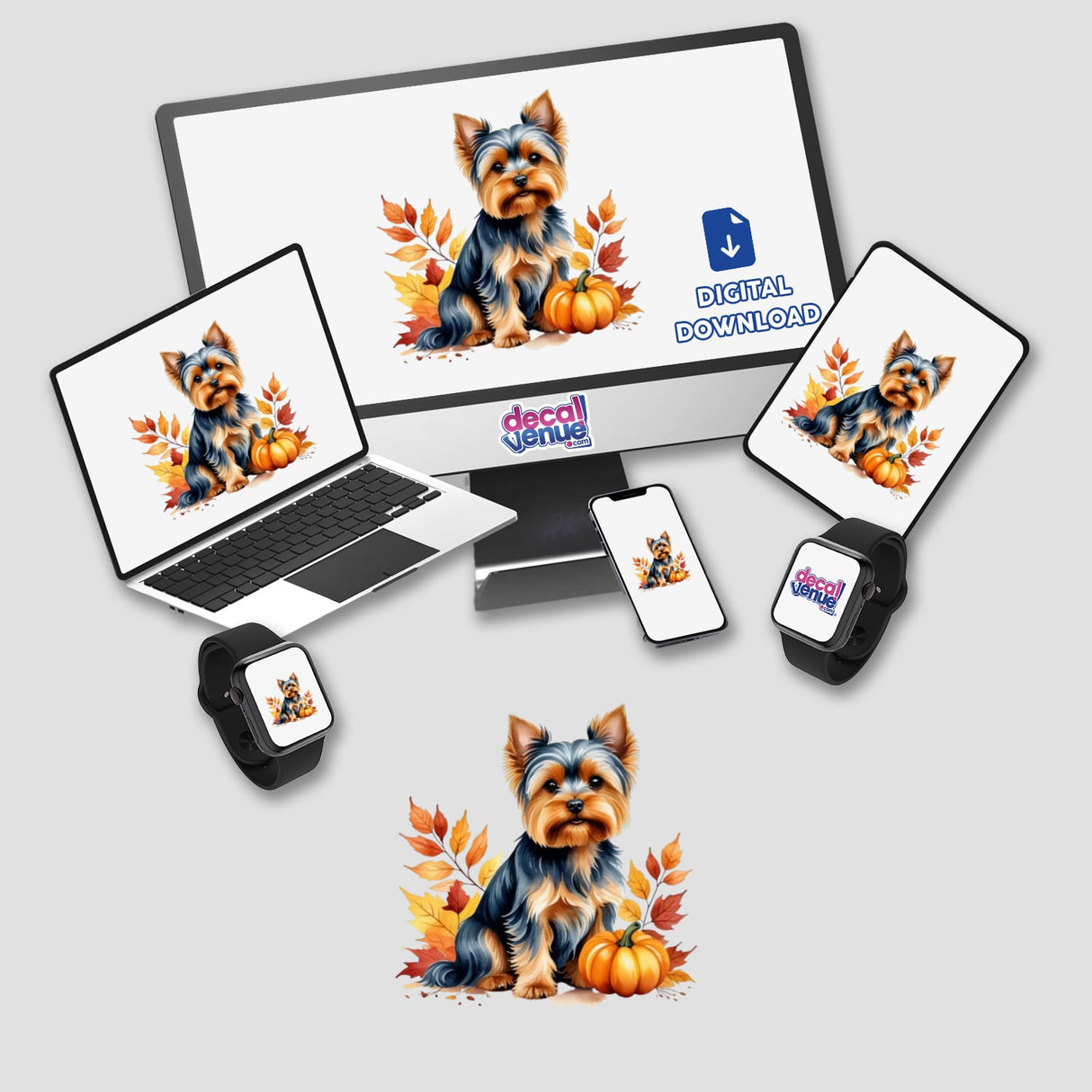 Adorable Yorkshire Terrier Dog Clipart - Fall Aesthetic Stickers and Download with Commercial Rights displayed on multiple devices, featuring a dog surrounded by pumpkins and leaves.