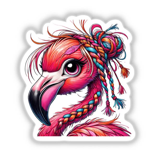 Pink Flamingo with Messy Hair Braided Yarn Bun illustration, showcasing a quirky flamingo design available as stickers or digital art, perfect for adding playful charm to any space.