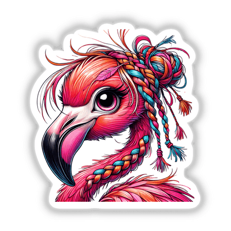 Pink Flamingo with Messy Hair Braided Yarn Bun illustration, showcasing a quirky flamingo design available as stickers or digital art, perfect for adding playful charm to any space.
