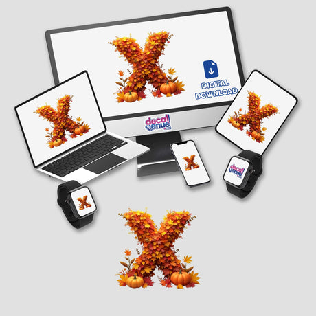 Thanksgiving Letter X Clipart featuring fall leaves and pumpkins displayed on various devices, available as stickers or digital artwork for commercial use.