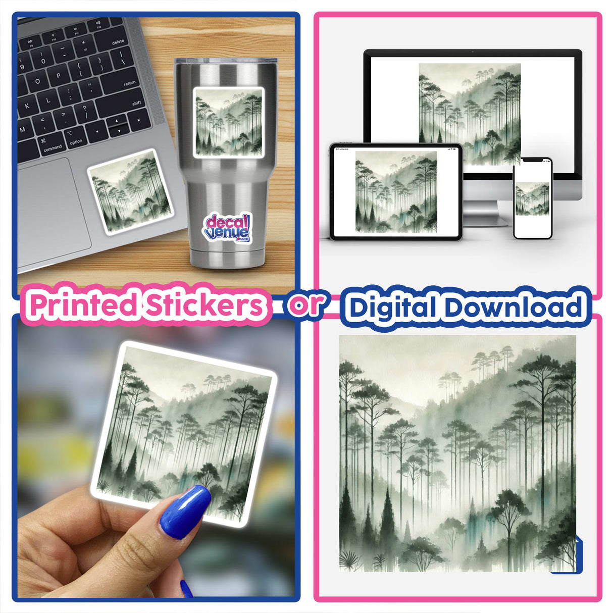 Collage showcasing Forest Mystique - Watercolor Trees in Misty Fog with images of trees, hand holding digital artwork, and screens displaying forest-themed designs. Available as stickers or digital downloads.