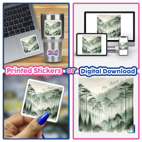 Collage showcasing Forest Mystique - Watercolor Trees in Misty Fog with images of trees, hand holding digital artwork, and screens displaying forest-themed designs. Available as stickers or digital downloads.