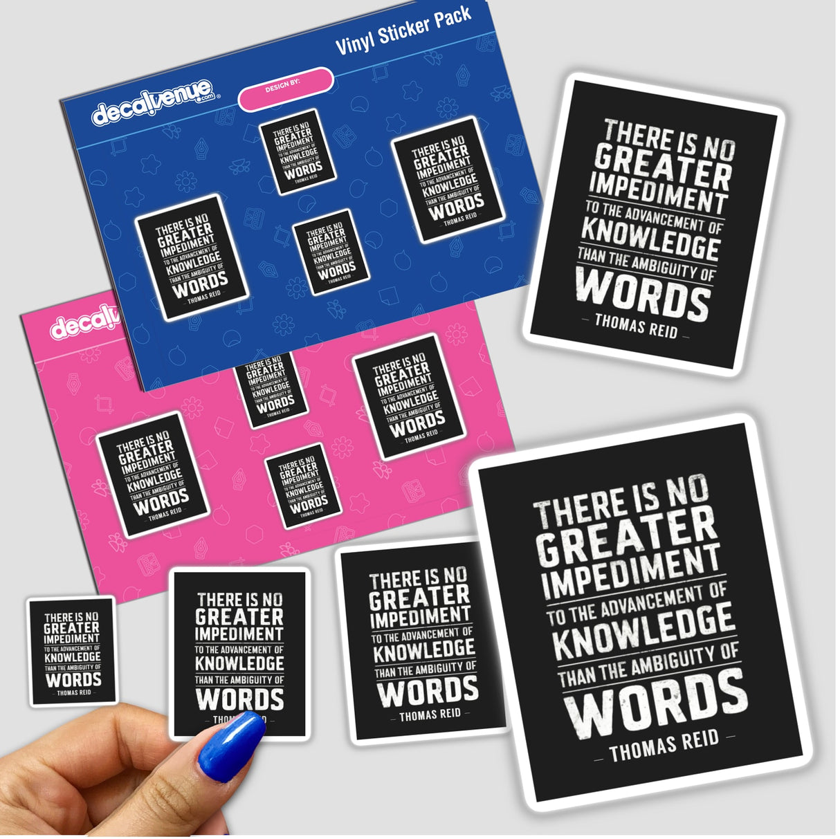 Hand holding a sticker pack titled Thomas Reid Quote on the Ambiguity of Words - English Teacher Gift - Sticker or Commercial Rights Download.